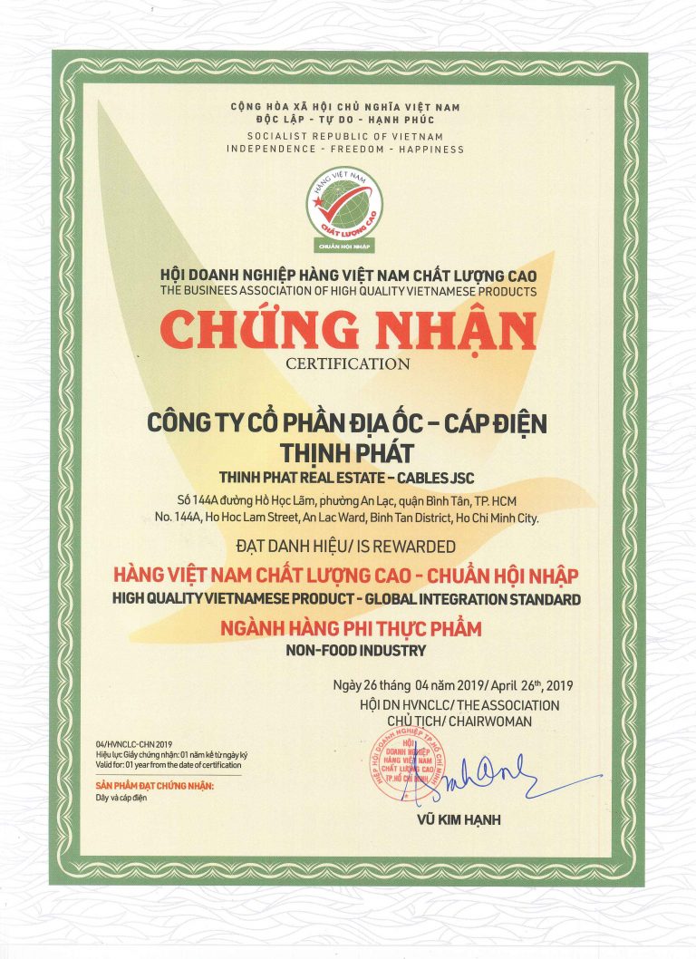 Thipha Cables đạt chứng nhận Hàng VNCLC chuẩn hội nhập năm 2019